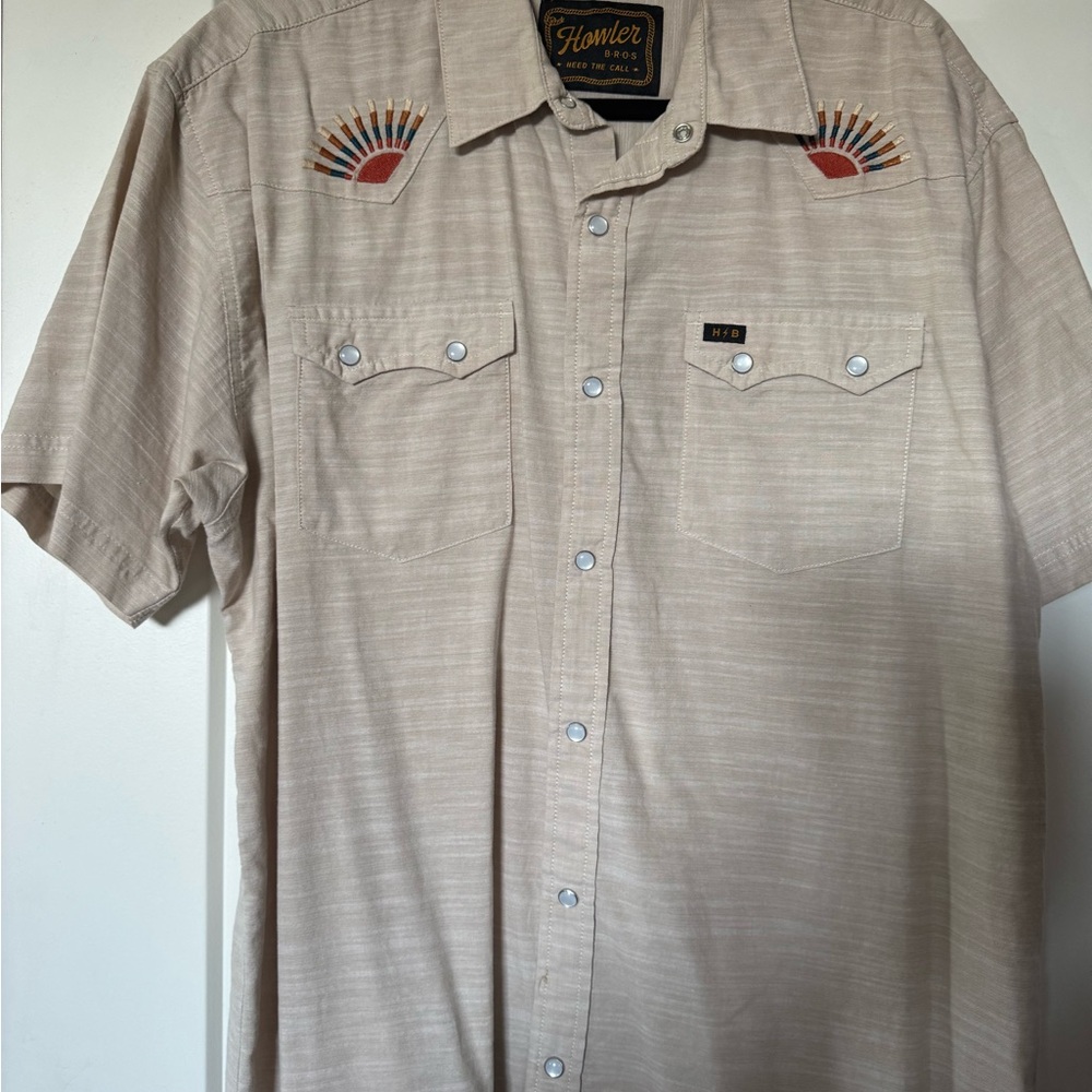 Howler Brothers Men's Beige Embroidered Short Sleeve Shirt